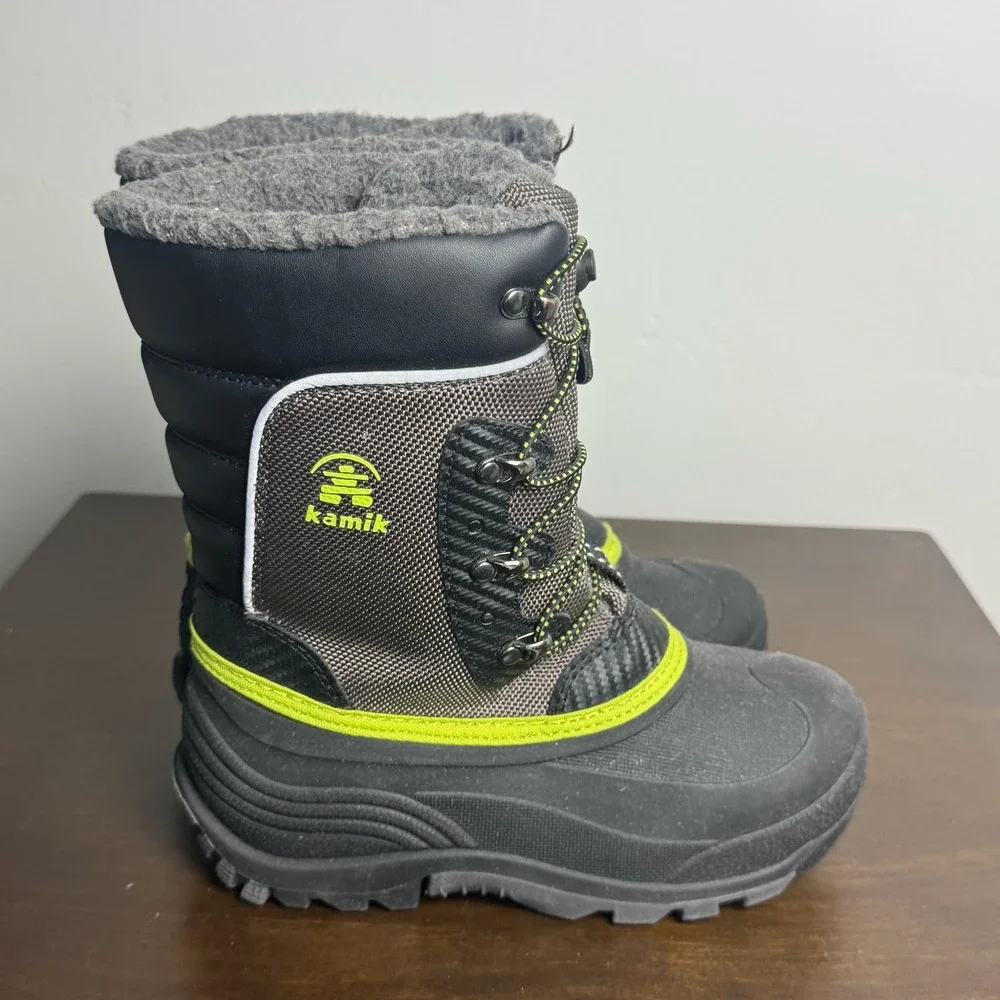 Kamik Luke Winter Boots Kids 3 Insulated -40F Snow Black Grey Yellow